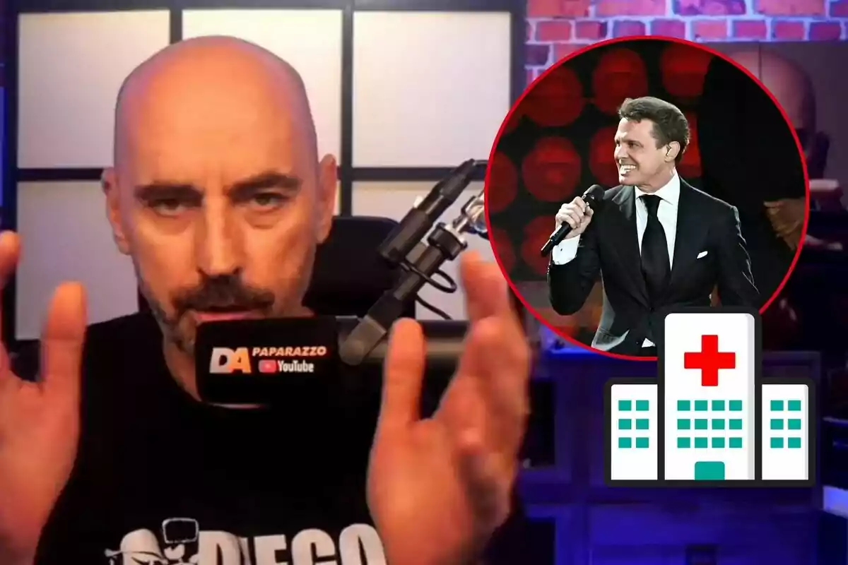 Diego Arrabal hablando frente a un micrófono con el logo de "DA Paparazzo YouTube" y una imagen circular de Luis Miguel cantando en un escenario, junto a un ícono de hospital.