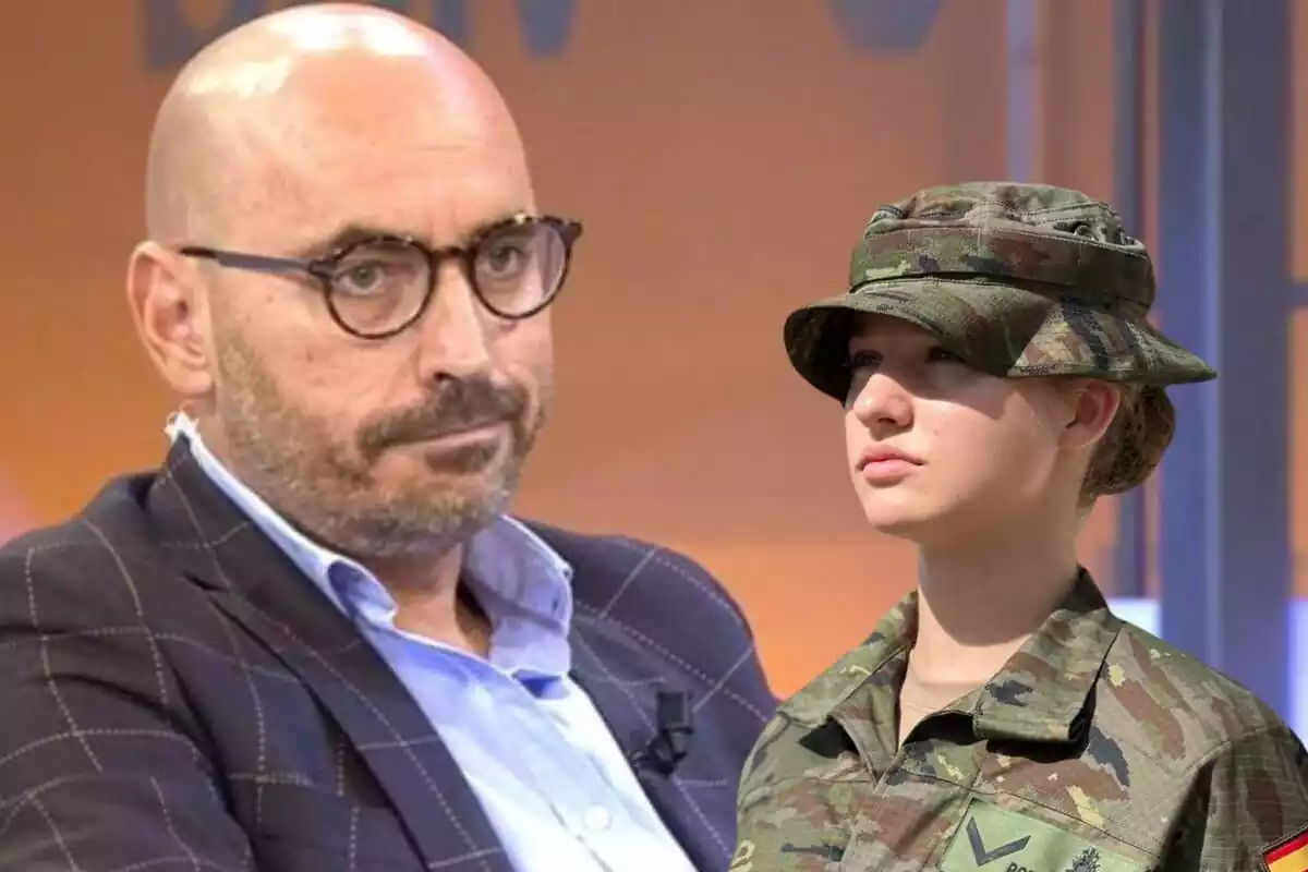 Montaje de Diego Arrabal serio y la princesa Leonor con el uniforme de la Academia