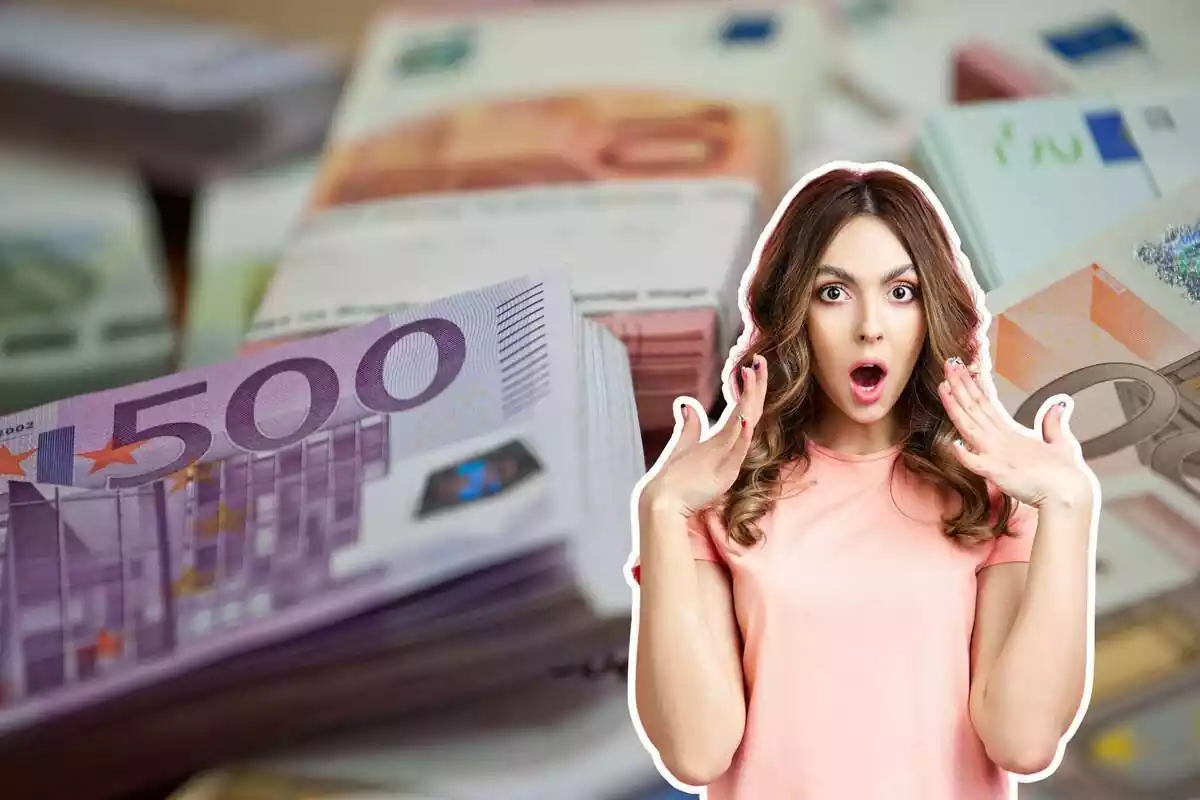 Montaje de un fondo de fajos variados de billetes de euro y una chica sorprendida con la boca abierta