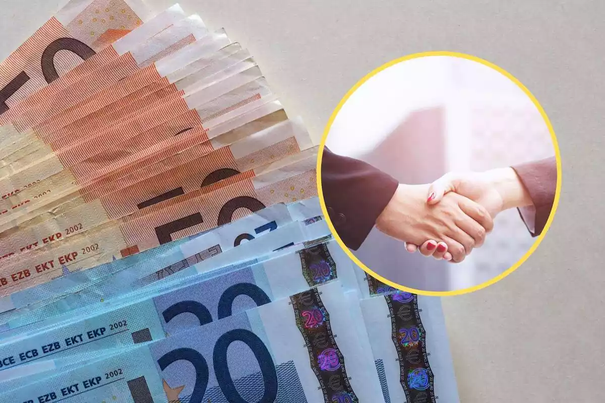 Montaje de billetes de 20 y 50 euros y una redonda con manos mostrando un trato