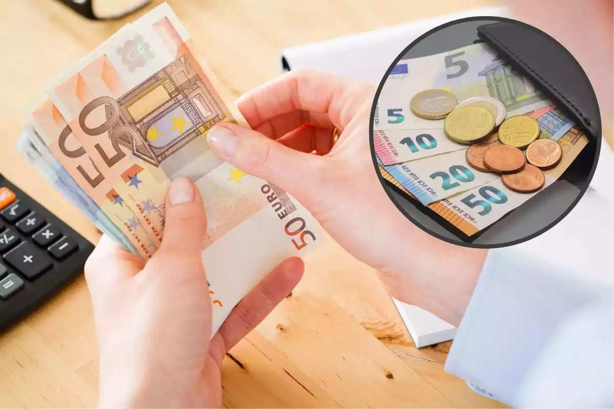 Una persona maneja billetes de euro, y en el círculo, una cartera con billetes y monedas