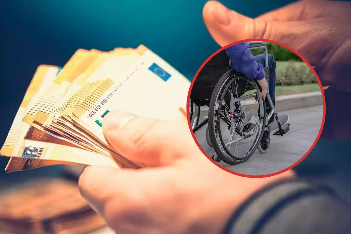 Montaje con billetes de euro y un círculo con un discapacitado en silla de ruedas