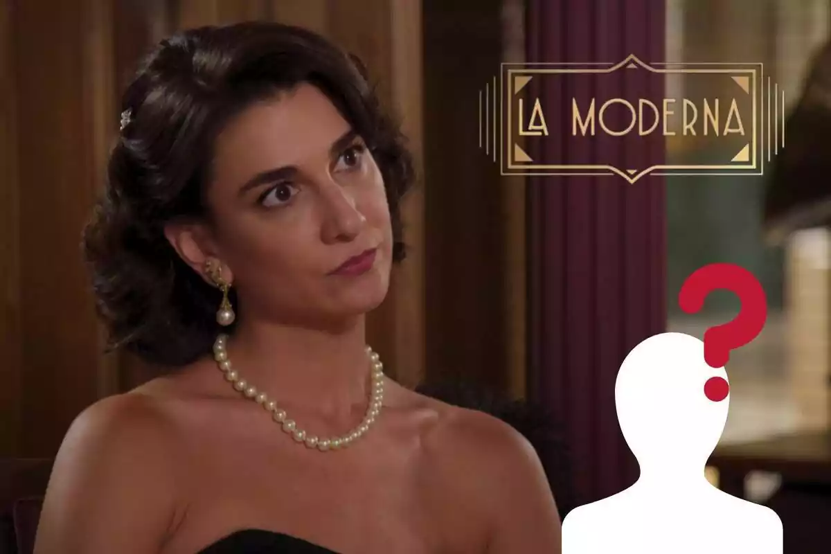 Montaje de 'La Moderna' con doña Carla seria con un collar de perlas, el logo de la serie, una silueta blanca y un interrogante rojo