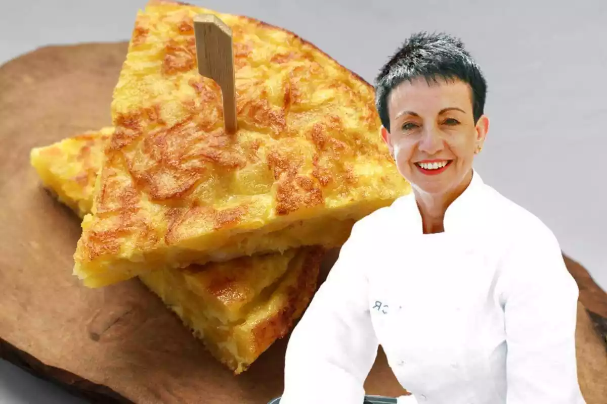 Montaje de dos trozos de tortilla de patatas pinchados y Carme Ruscalleda sonriendo con la bata de cocinera