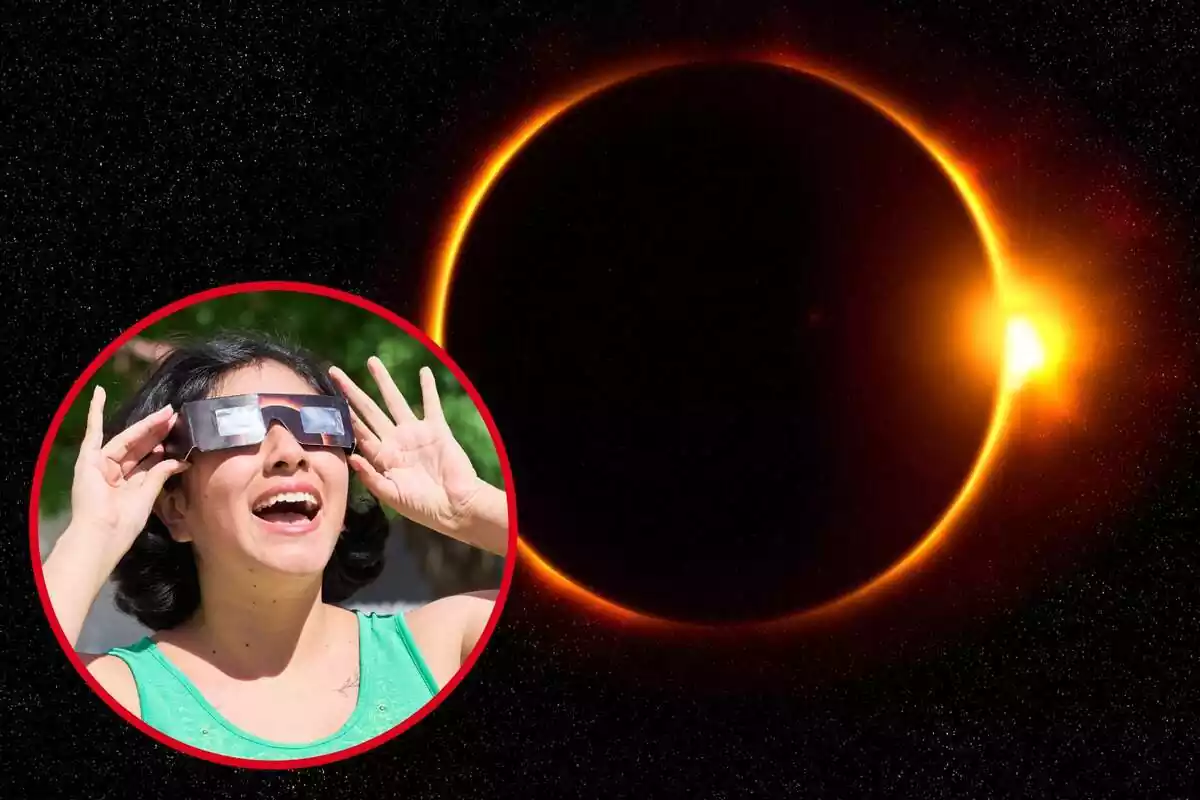 Montaje con un eclipse solar y un círculo con una mujer con la boca abierta y mirando al cielo con unas gafas para eclipse solar