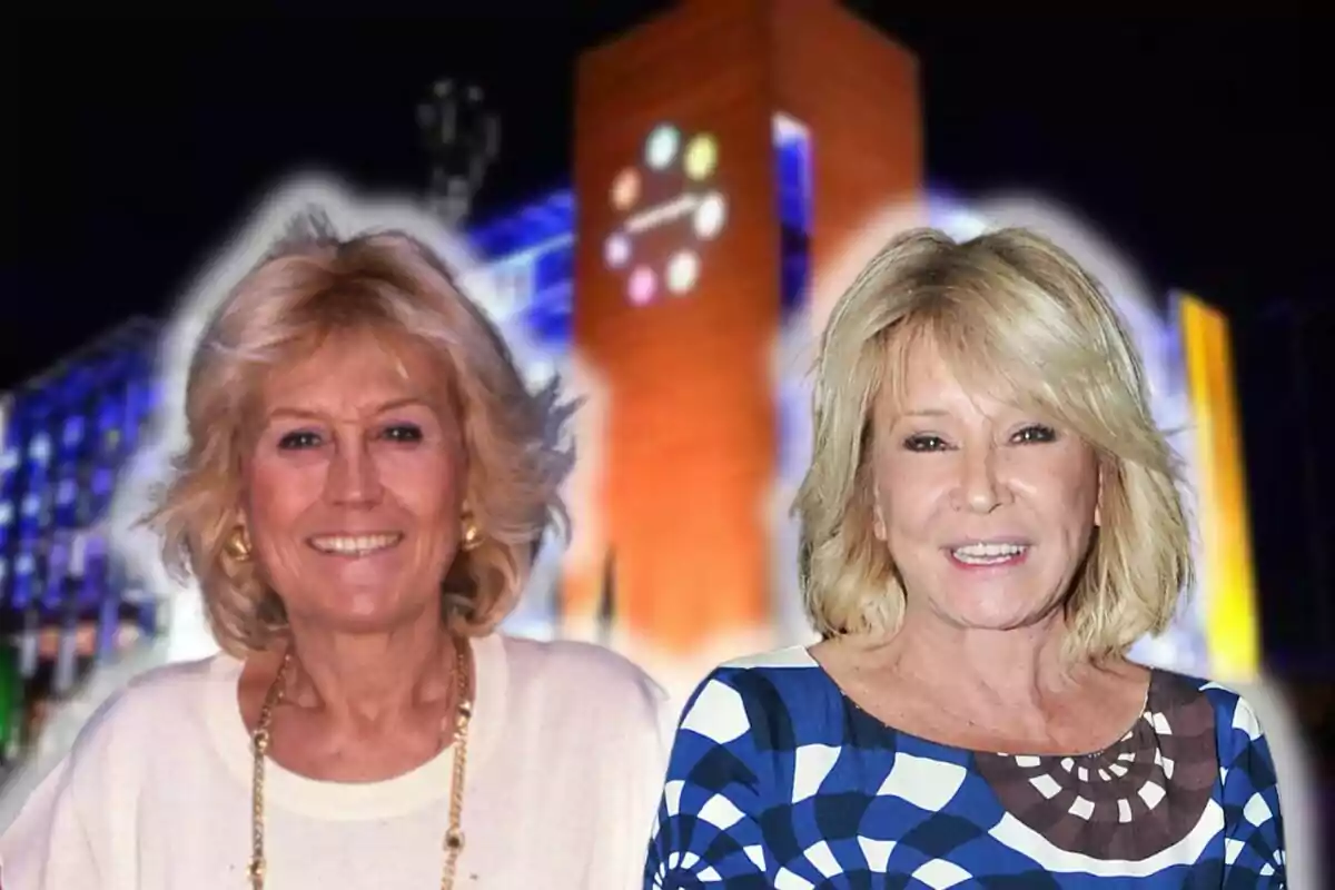 Encarna Sánchez y Mila Ximénez sonrientes posando frente a al edificio de Mediaset iluminado por la noche.