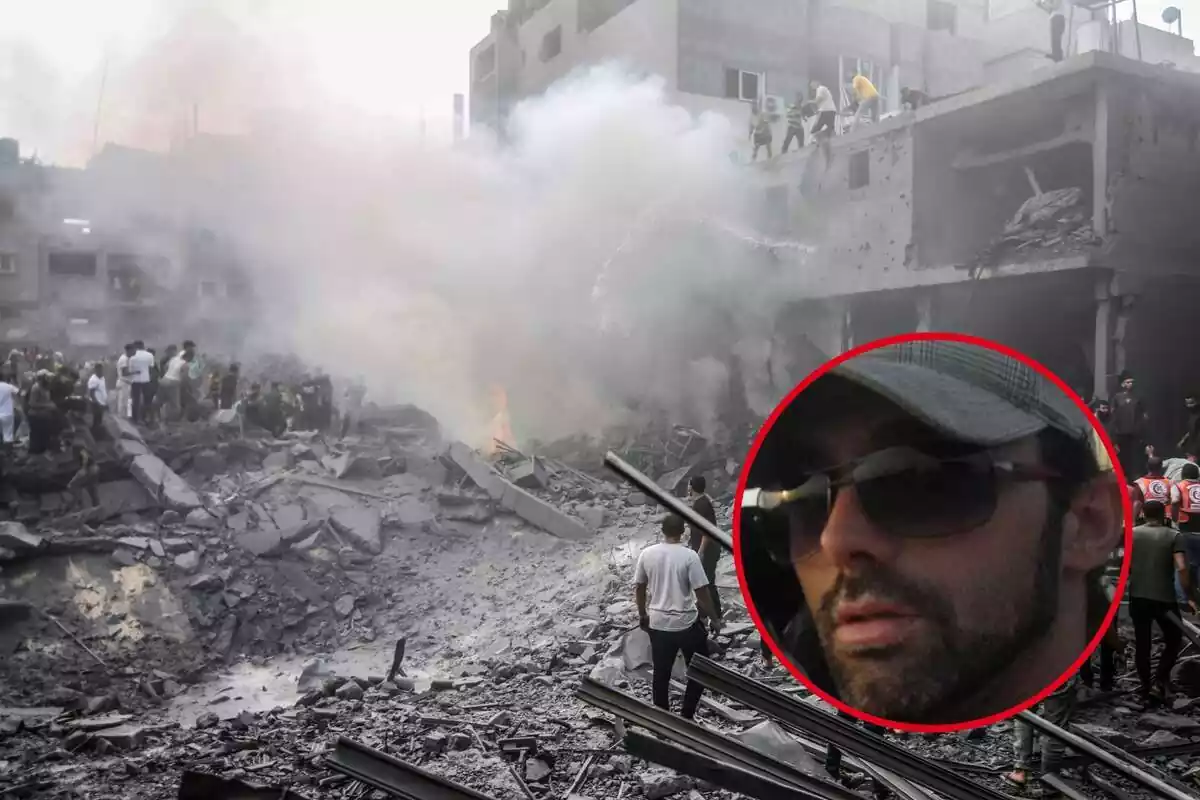 Montaje de un edificio en ruinas e Iván Illaramendi, secuestrado por Hamás en Israel