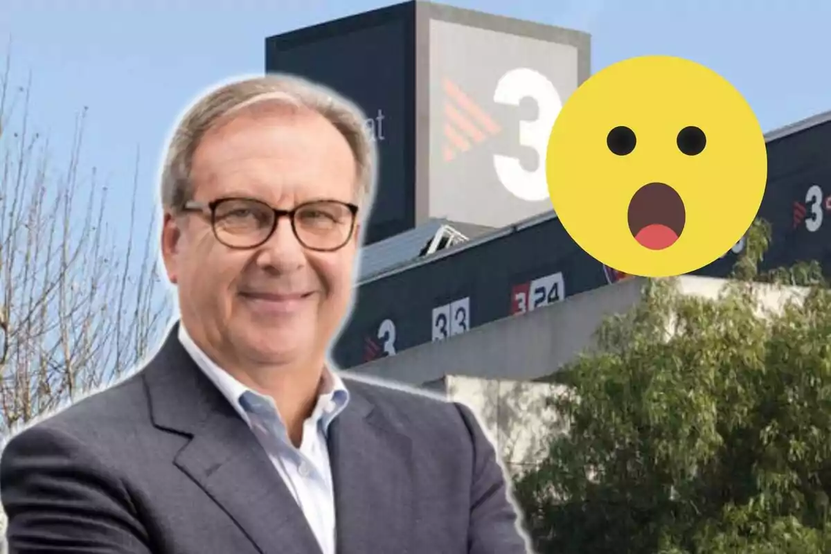 Josep Cuní con traje frente a un edificio con el logo de TV3 y un emoji sorprendido.