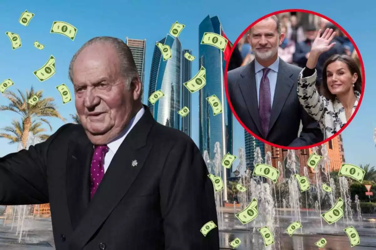 Montaje con edificios de Abu Dabi al fondo, Juan Carlos I rodeado de billetes, Felipe y Letizia juntos sonriendo