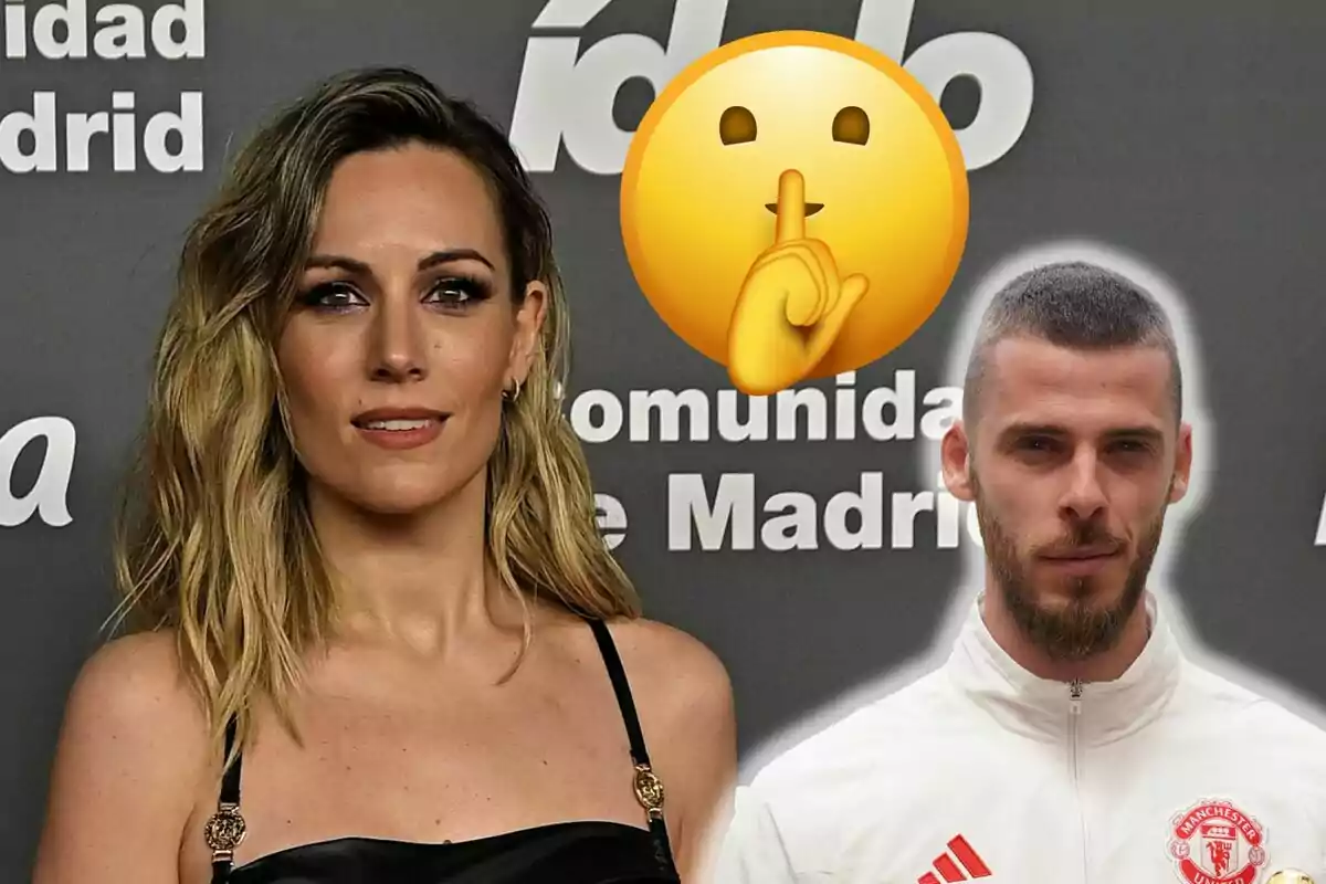 Edurne y David de Gea posan frente a un fondo con texto, con un emoji de silencio superpuesto.