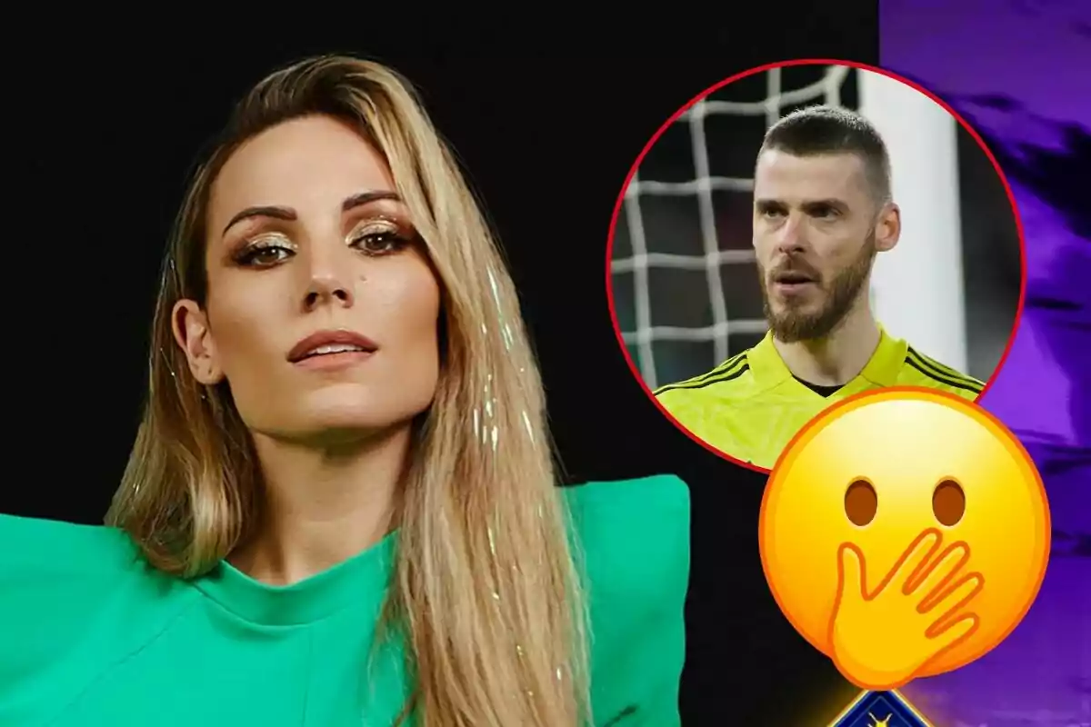 Edurne con cabello rubio y maquillaje brillante, junto a una imagen circular de David de Gea con uniforme deportivo amarillo y un emoji de sorpresa.