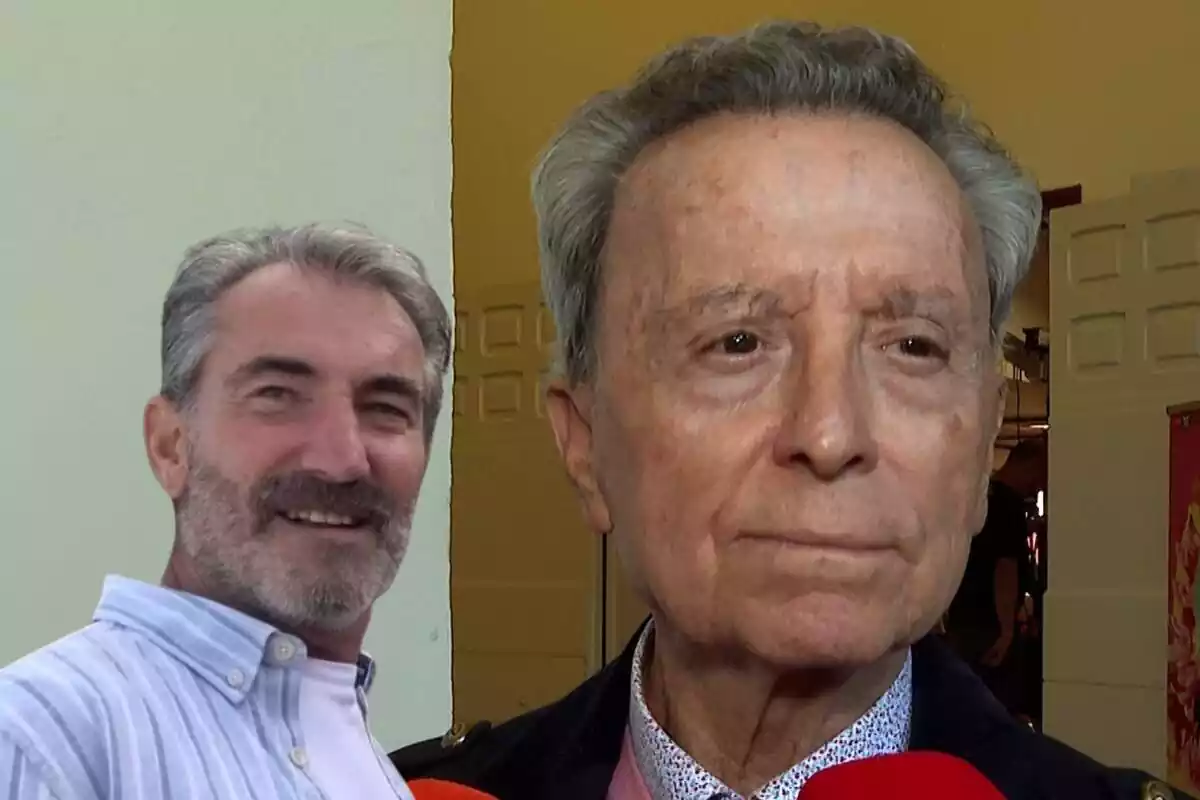Montaje de Eladio, novio de Ana María Aldón, sonriendo y José Ortega Cano serio ante la prensa