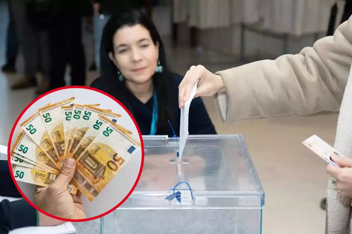 Una persona introduce su vota en la urna ante la atenta mirada de un miembro de la mesa, y en el círculo, varios billetes de 50 euros