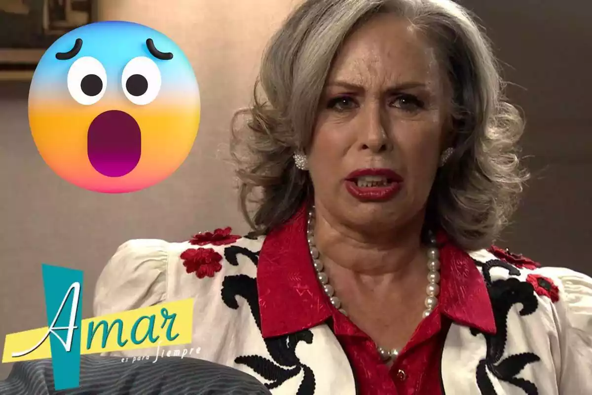 Montaje de Elena enfadada en 'Amar es para siempre', el logo de la serie y un emoji en shock