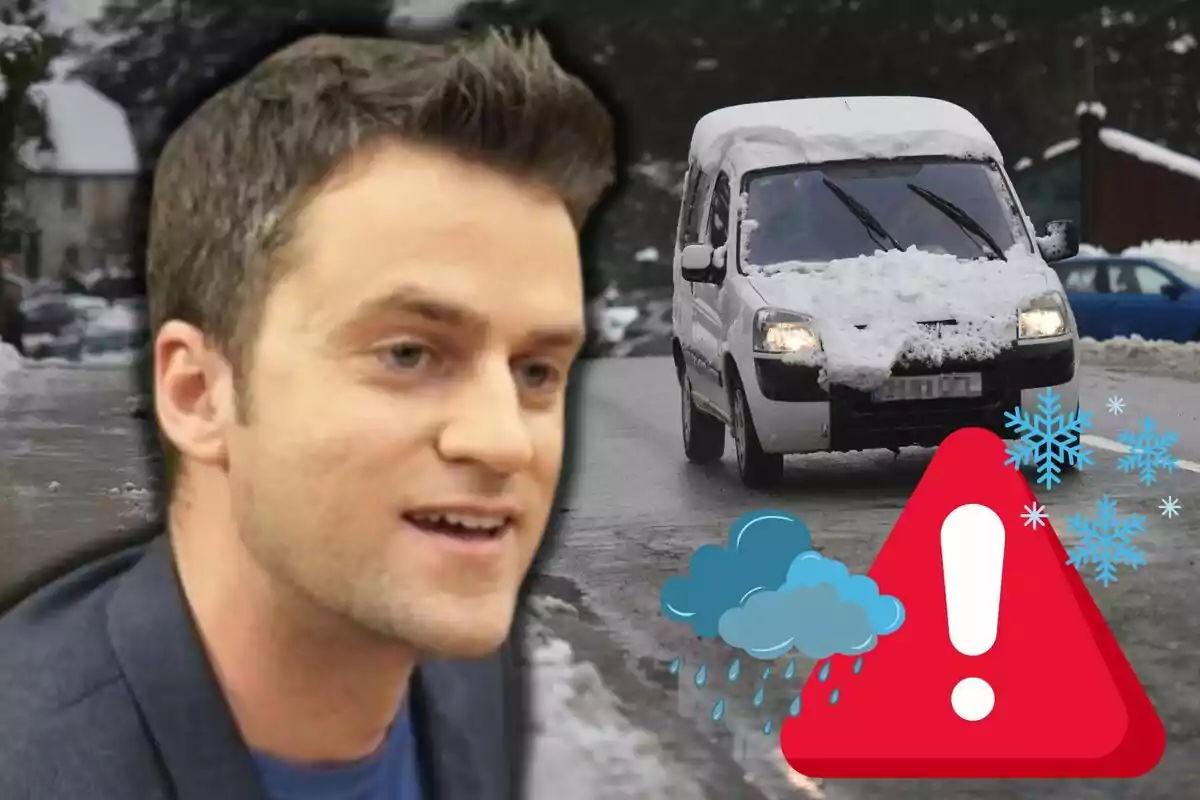 Un hombre en primer plano con una expresión neutral y al fondo un vehículo cubierto de nieve en una carretera invernal con un icono de advertencia de clima frío y lluvioso. Un hombre en primer plano con una expresión neutral y al fondo un vehículo cubierto de nieve en una carretera invernal con un icono de advertencia de clima frío y lluvioso.