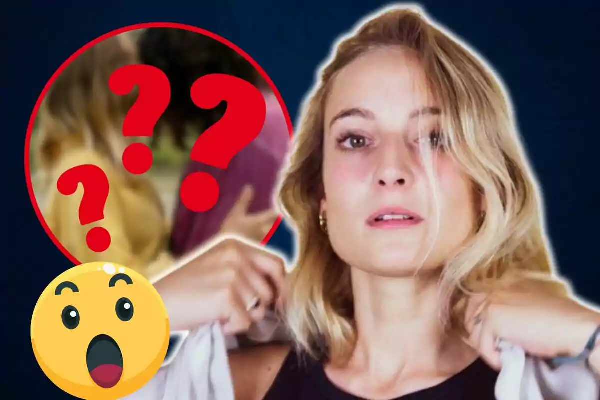 Mujer rubia con expresión seria y un emoji sorprendido junto a un círculo con signos de interrogación.