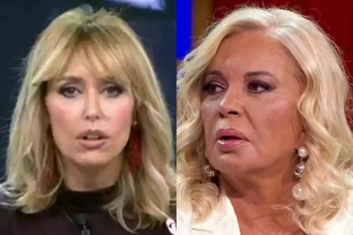 Emma García con expresión seria en Fiesta a la izquierda y Bárbara Rey con expresión de preocupación a la derecha.