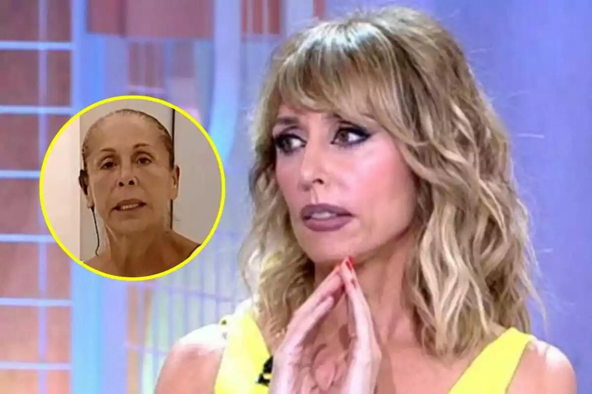 Montaje de Emma García con cara de preocupación en el plató de Fiesta con una imagen de Isabel Pantoja mirando a cámara