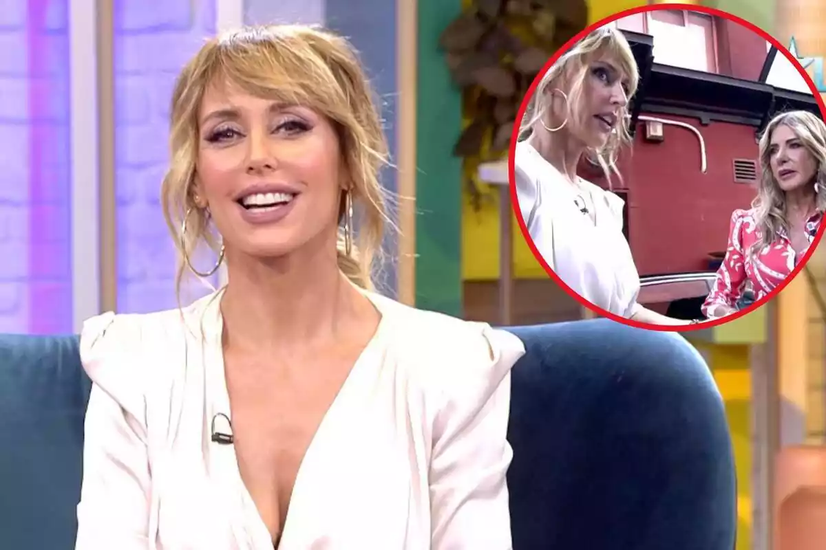 Montaje con Emma García presentando 'Fiesta' y una imagen de Emma García y Marisa Martín Blázquez fuera de plató