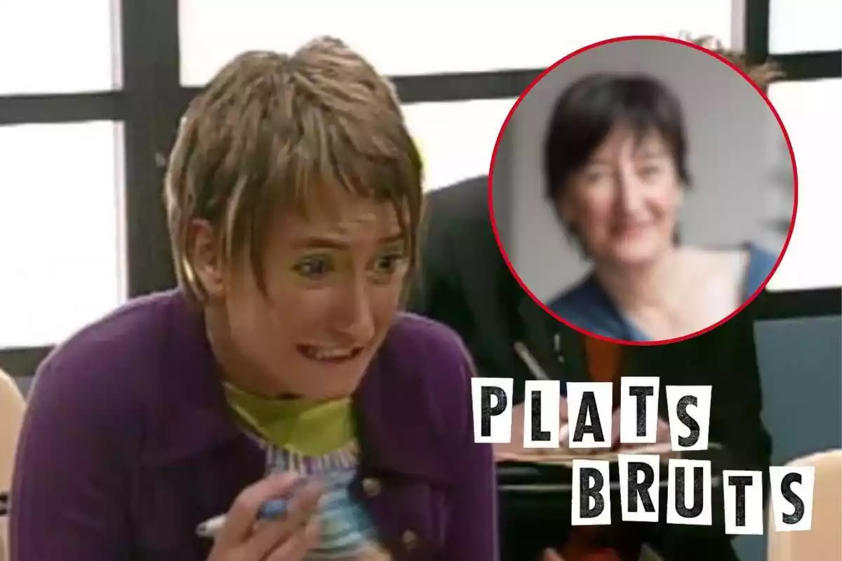 Montaje de Emma de 'Plats Bruts' enfadada, Mònica Glaenzel desenfocada y el logo de la serie