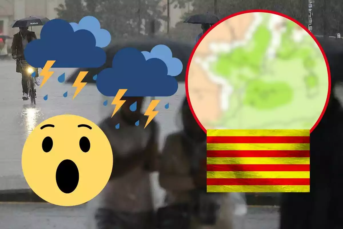 Una imagen de personas bajo la lluvia con emojis de nubes de tormenta, un rostro sorprendido y un mapa borroso con una bandera de rayas amarillas y rojas.