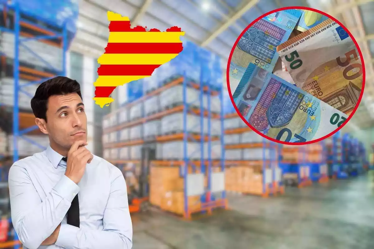 Montaje de empresario pensativo con silueta de Cataluña y fábrica de fondo y círculo con billetes de euros.