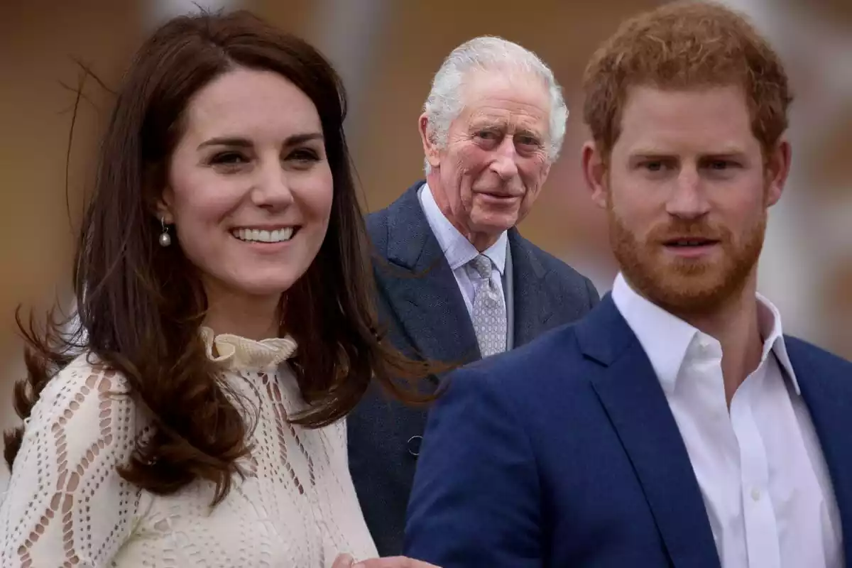 Montaje en primer plano con Kate Middleton y el príncipe Harry junto al rey Carlos III