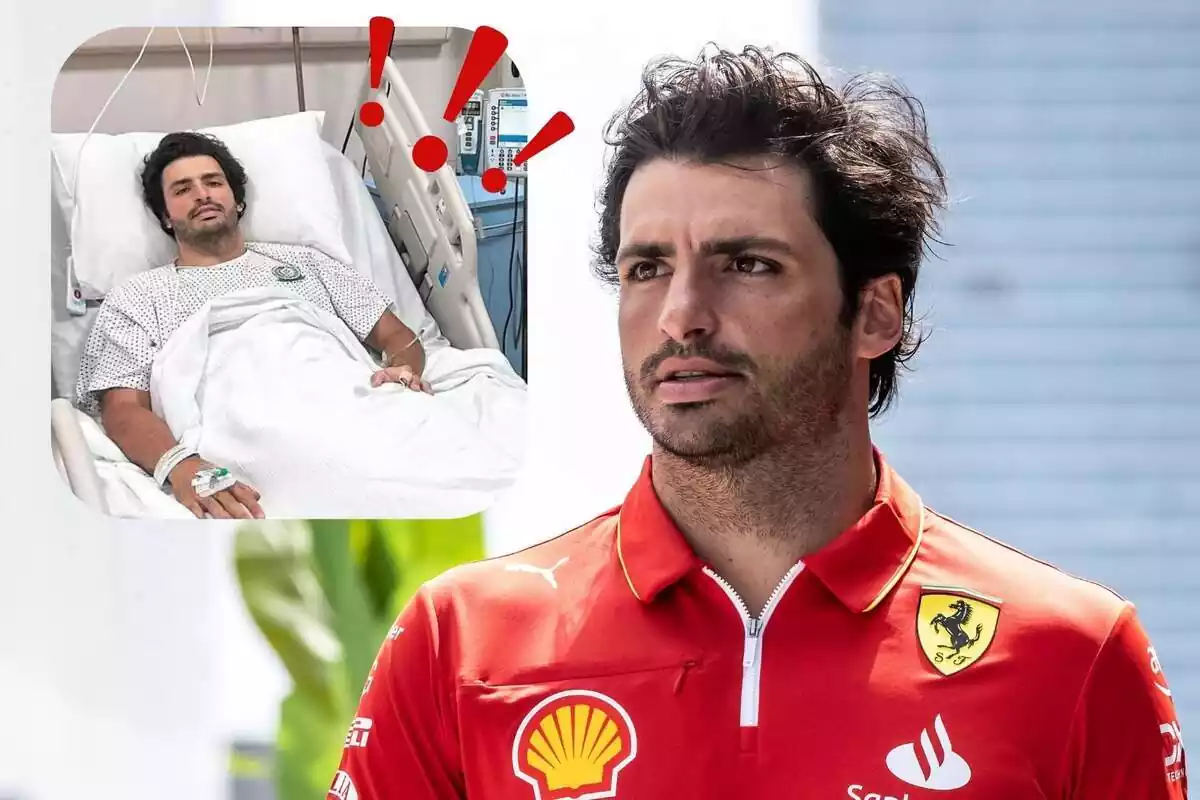 Montaje en primer plano de Carlos Sainz Jr. junto a una imagen suya en el hospital