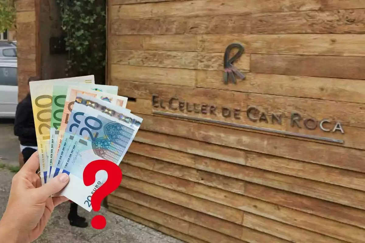 Una mano sosteniendo billetes de euro frente a la entrada de un restaurante con un signo de interrogación rojo superpuesto.