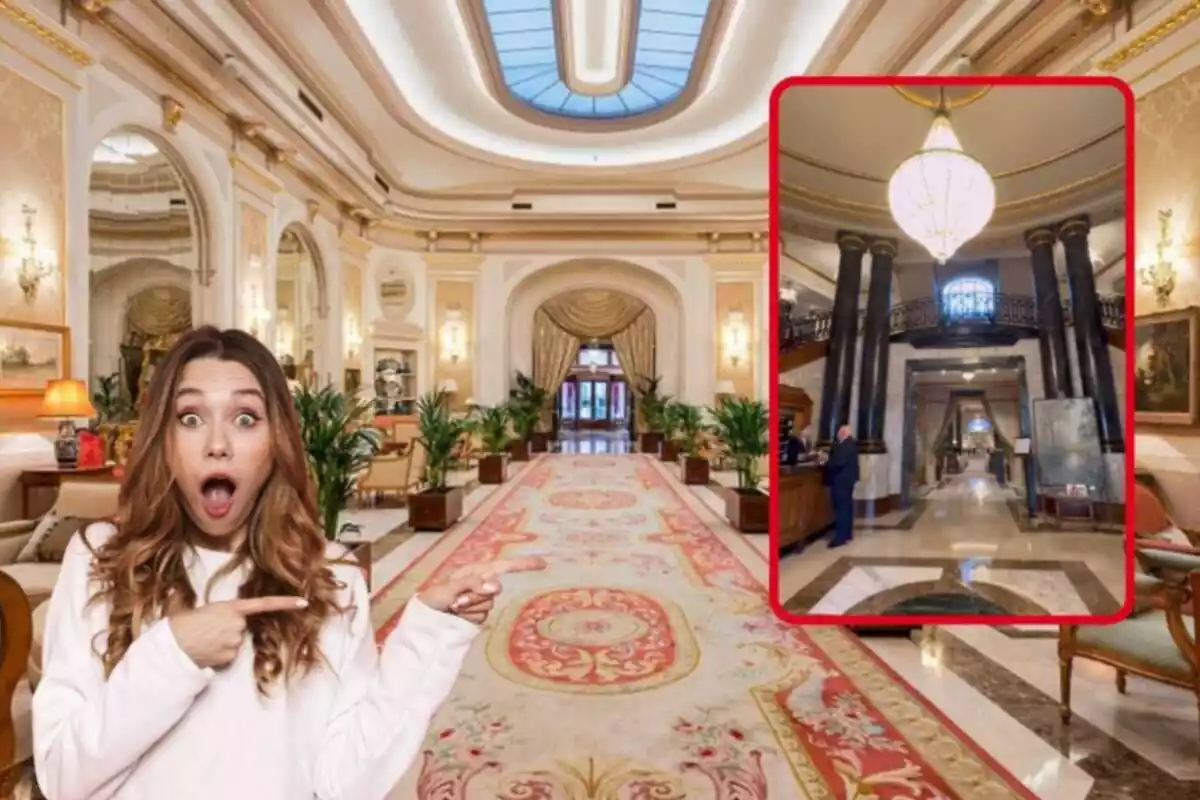 Montaje del pasillo del Hotel El Palace de Barcelona, la entrada y una chica sorprendida señalando