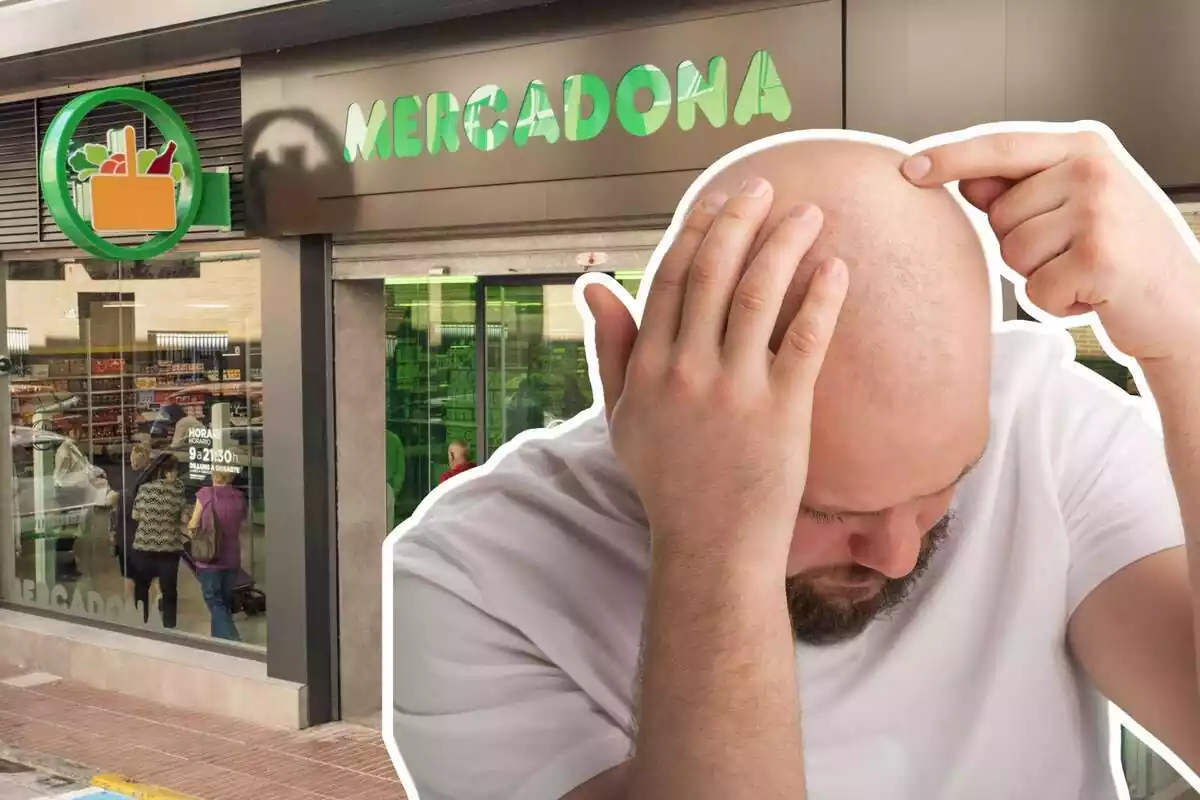 Entrada del supermercado Mercadona en el exterior y en la derecha la imagen de un hombre calvo indicando su falta de pelo