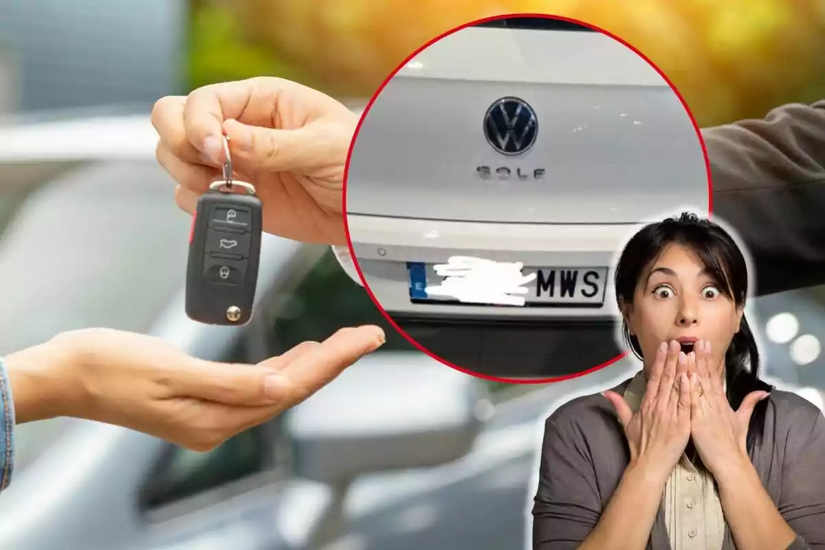 Una persona sorprendida observa la entrega de las llaves de un coche Volkswagen Golf.