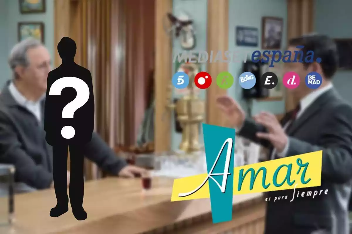 Montaje con una escena de 'Amar es para siempre' al fondo, logo de la serie y Mediaset y una silueta con un interrogante