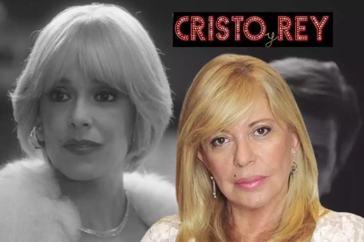 Montaje con una escena de 'Cristo y Rey' en blanco y negro, primer plano de Bárbara Rey seria y el logo de la serie