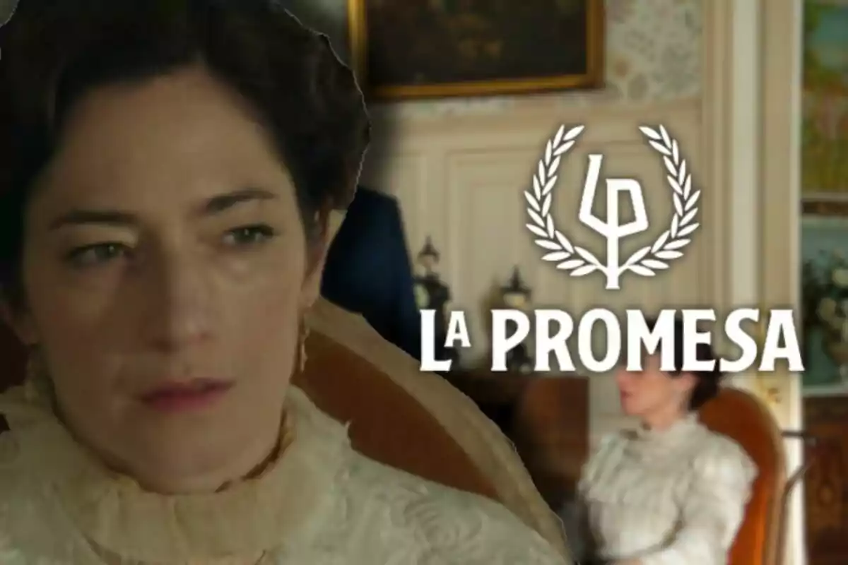 Alicia Moruno con expresión seria aparece en primer plano, mientras que en el fondo se observa un interior elegante con muebles antiguos y el texto "La Promesa" junto a un logotipo.