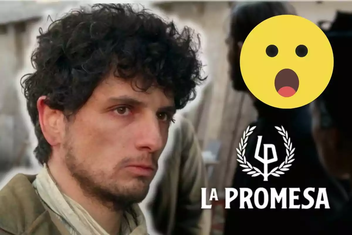 Álvaro Quintana con expresión seria y cabello rizado aparece en primer plano, acompañado del texto "La Promesa" y un emoji sorprendido en la esquina superior derecha.