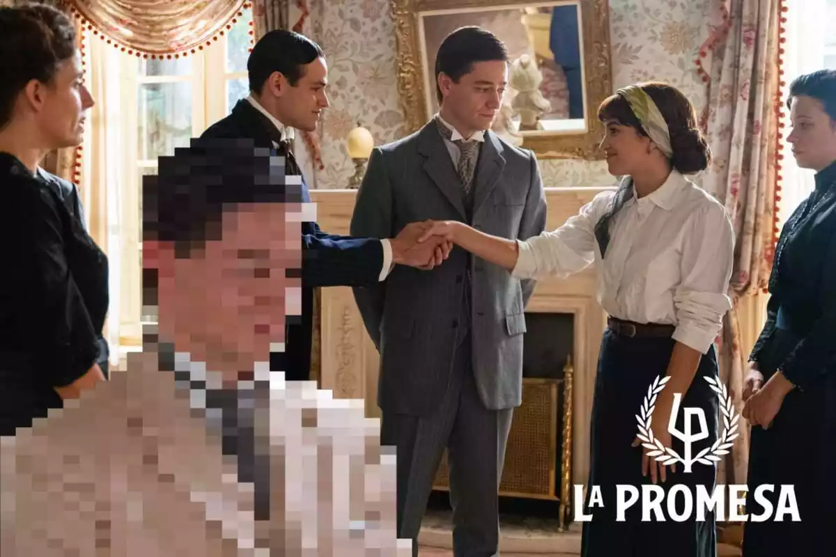 Montaje con una escena de 'La Promesa', el logo de la serie y Pelayo Gómez pixelado