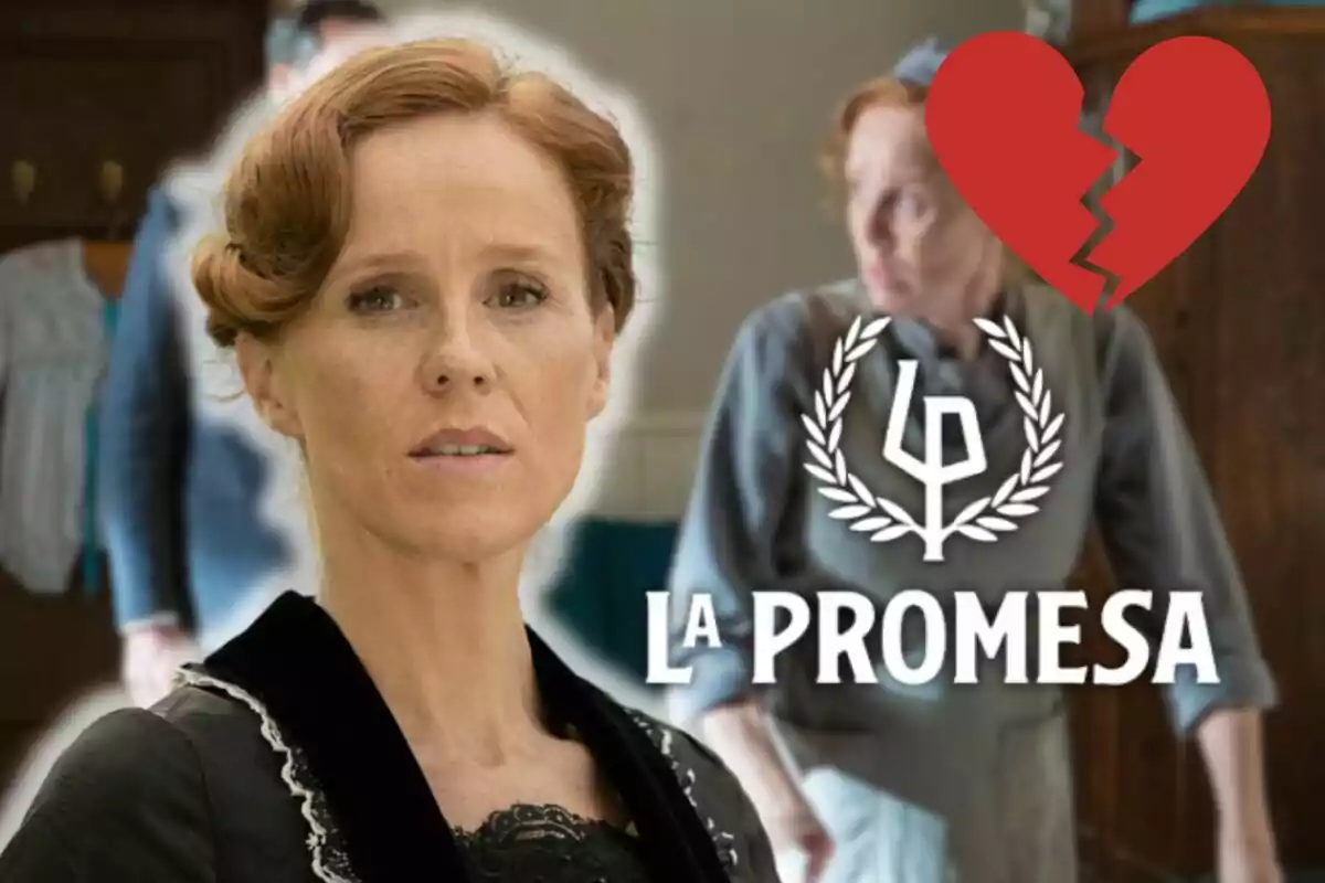 María Castro pelirroja con expresión seria aparece en primer plano con el logo de "La Promesa" y un corazón roto en el fondo.