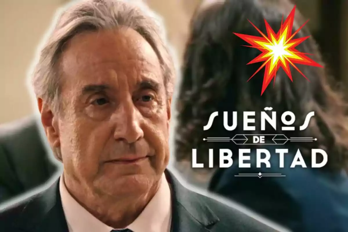 Juanjo Puigcorbé con cabello canoso y expresión seria aparece en primer plano con el texto "Sueños de Libertad" y un diseño de estrella en el fondo.