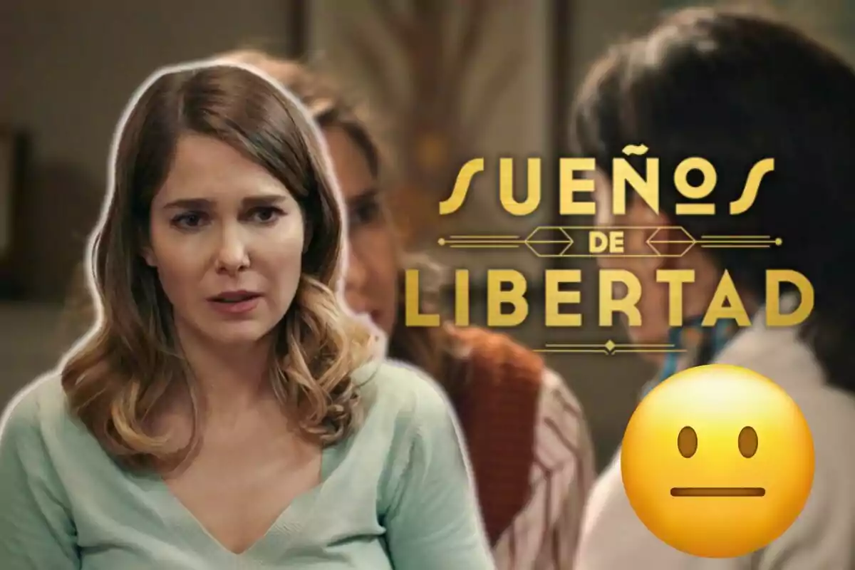 Natalia Sánchez con expresión seria aparece en primer plano, con el texto "Sueños de Libertad" al fondo y un emoji neutral en la esquina inferior derecha.