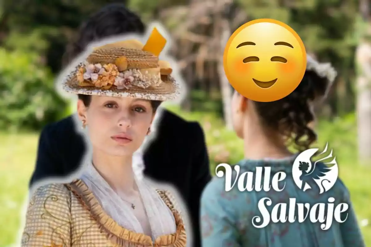 Emma Guilera con sombrero de época y expresión seria está en un entorno natural, mientras que otra persona de espaldas tiene un emoji sobre su rostro; en la esquina inferior derecha se encuentra el logo de "Valle Salvaje".