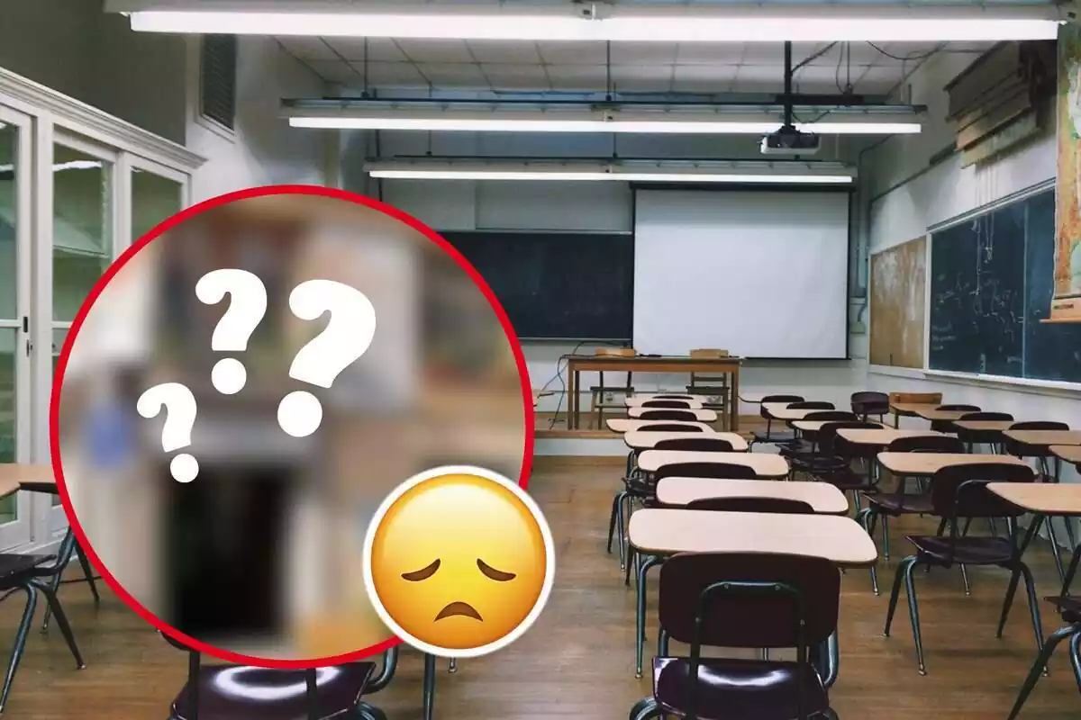 Montaje de fotos del interior de una aula y, al lado, una imagen de la fachada del colegio Sagrat Cor de Ribes con un emoji triste