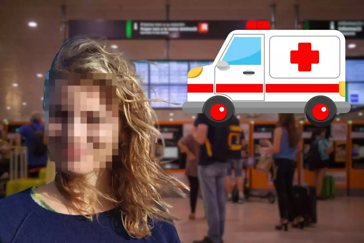 Montaje de la estación de Sants de Barcelona, Elena Schröder pixelada y una ambulancia