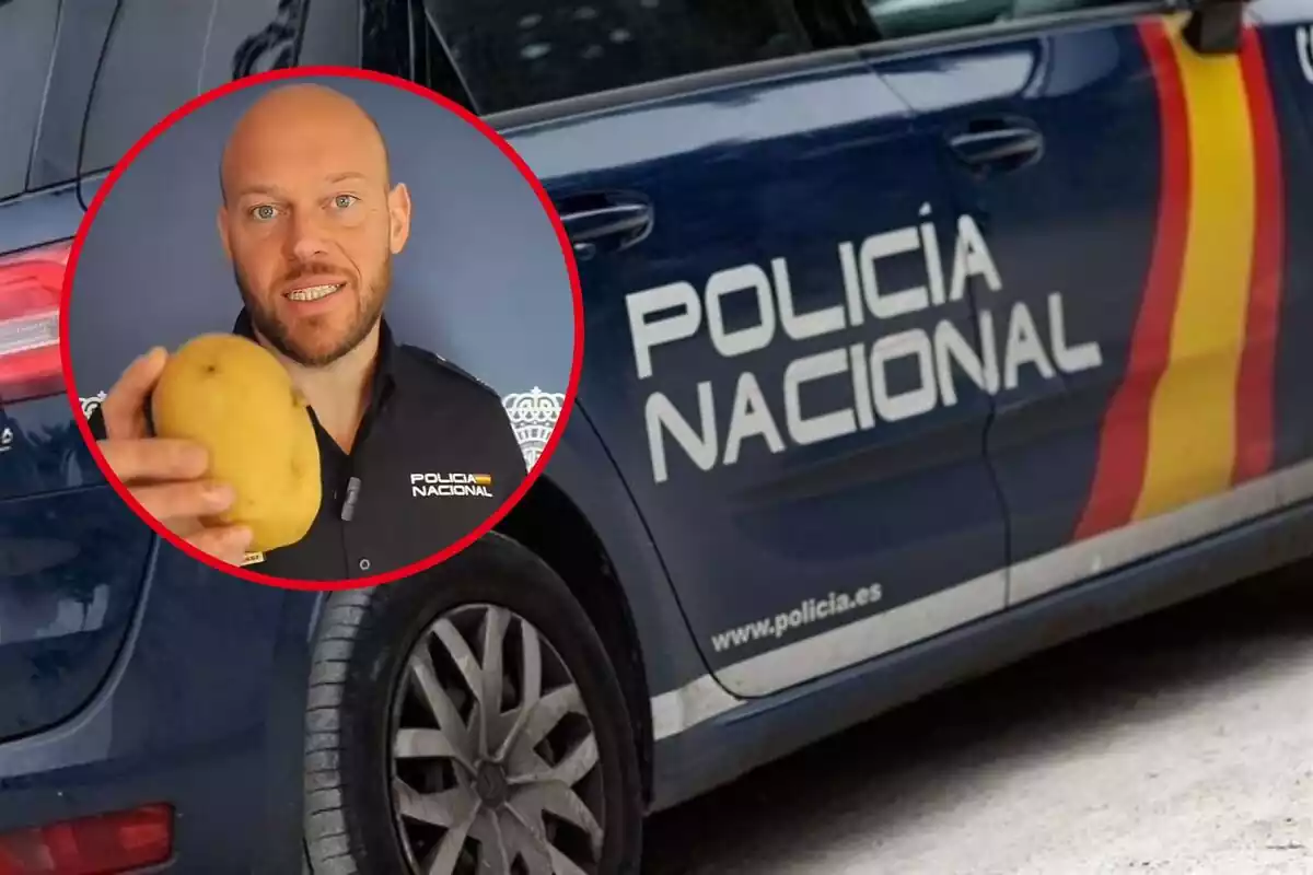 Montaje de un policía sujetando una patata y un coche de la Policía Nacional