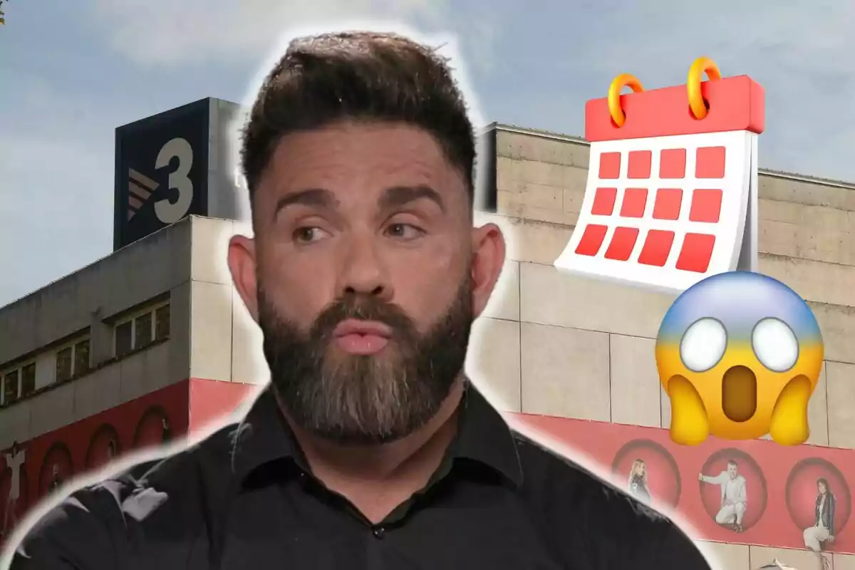 Marc Ribas con barba frente a un edificio con el logo de un canal de televisión y emojis de calendario y sorpresa.