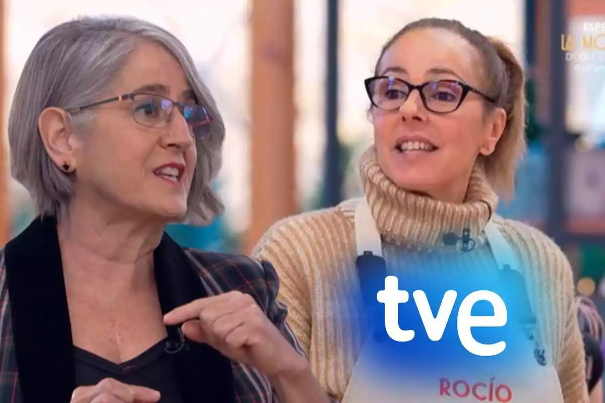 Montaje de Eva Arguiñano hablando sacando los dedos, Rocío Carrasco hablando con cuello alto y delantal y el logo de TVE