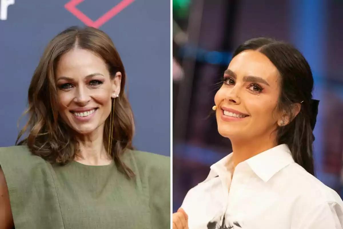 Montaje de Eva González sonriendo con unos pendientes largos y blusa verde y Cristina Pedroche sonriendo con una camisa blanca Montaje de Eva González sonriendo con unos pendientes largos y blusa verde y Cristina Pedroche sonriendo con una camisa blanca