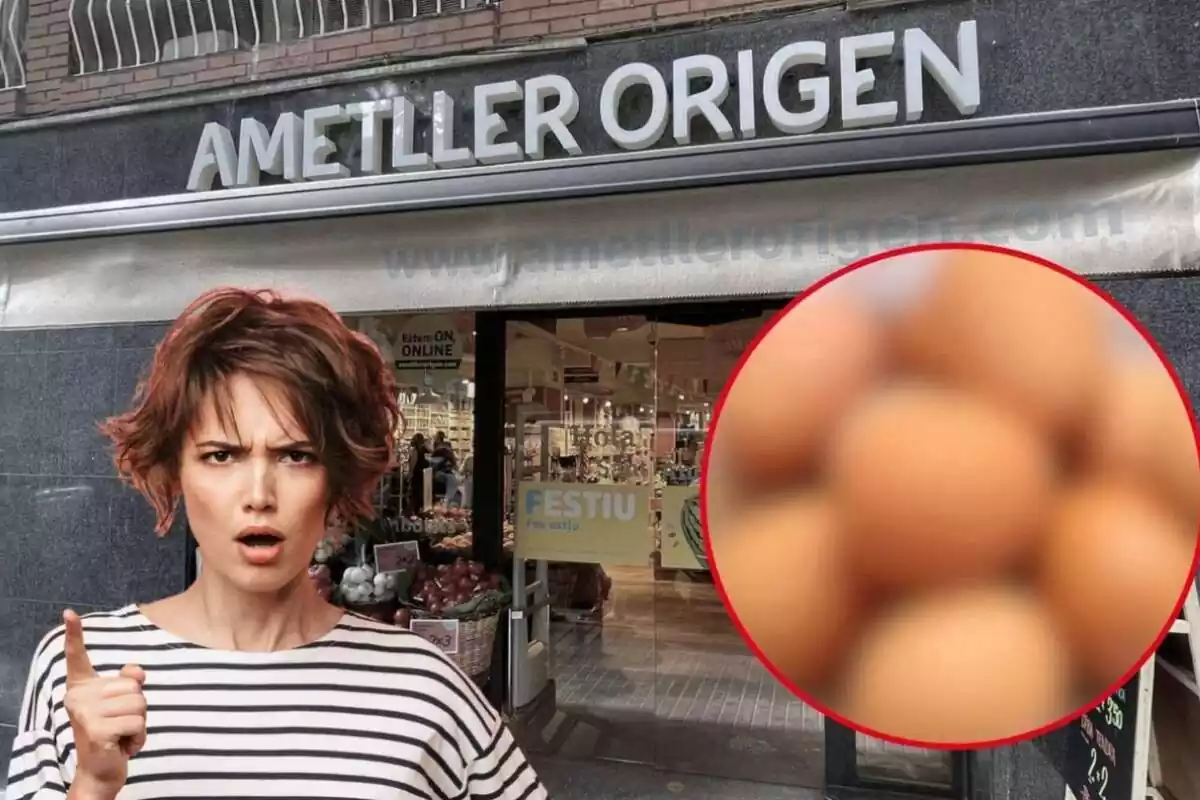 Montaje de una tienda Ametller Origen des del exterior, una chica enfadada señalando y unos huevos desenfocados