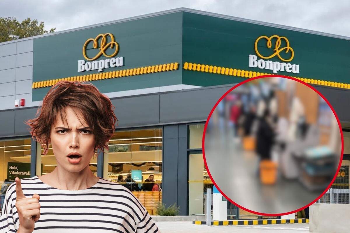 Montaje de un supermercado Bonpreu des del exterior, una chica enfadada señalando y unos cajeros automáticos desenfocados