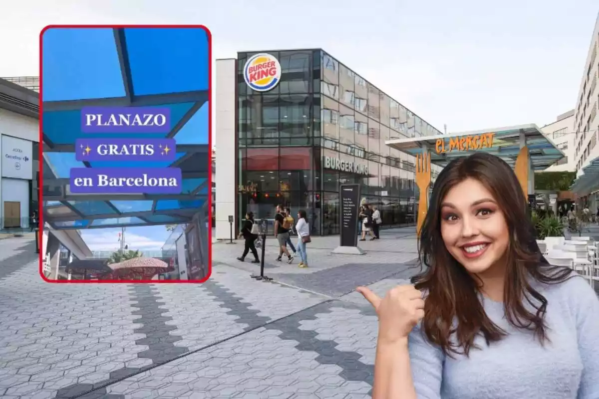 Montaje del exterior del centro comercial Les Glories, captura del planazo gratis en Barcelona y una chica señalando con un jersey azul